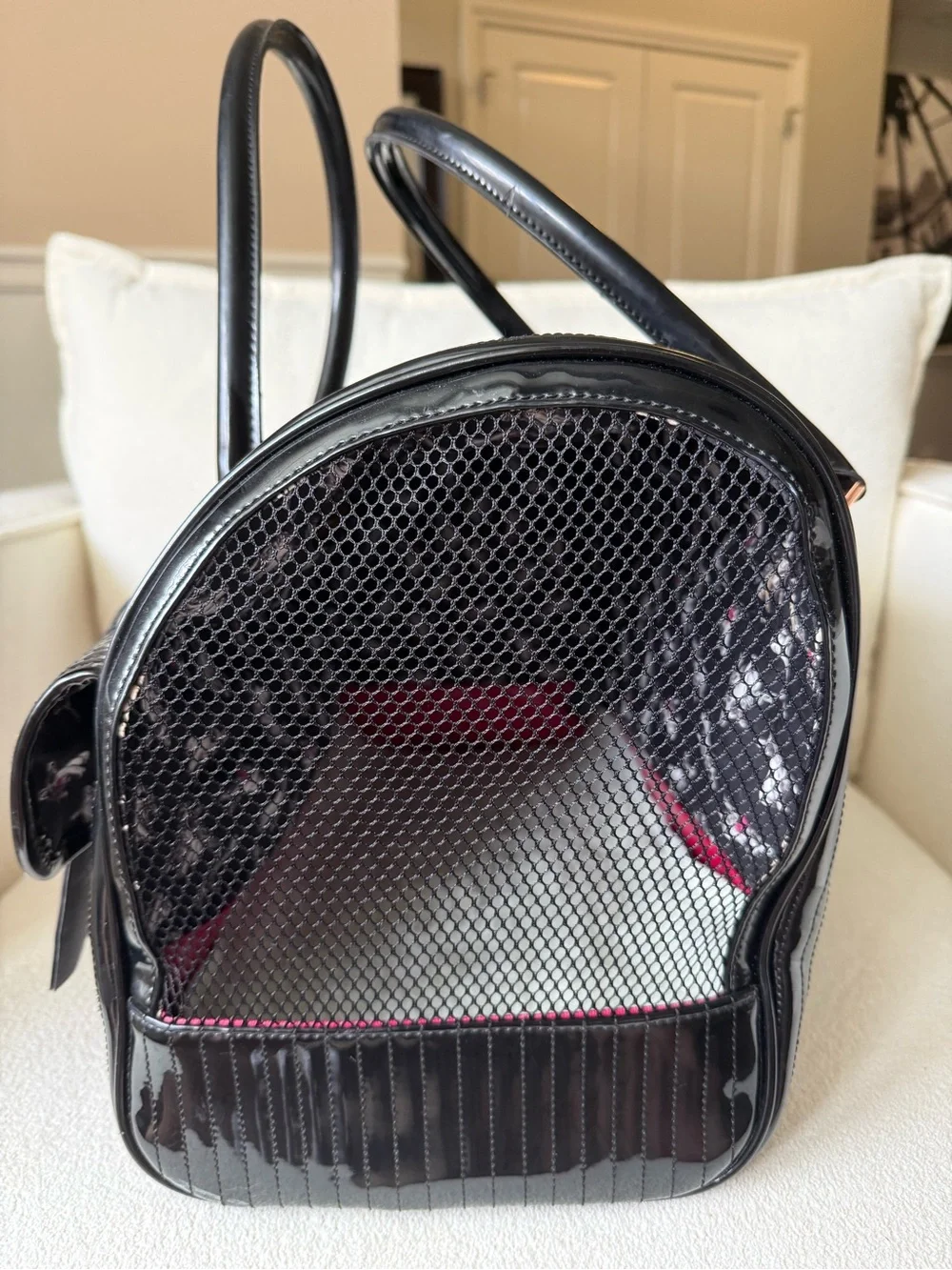 Ted Baker Black Patent Pet Carrier with Rose-Gold Hardware